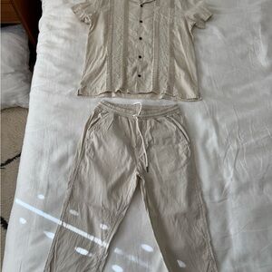 Beige Button-Up Shirt and Pants Set